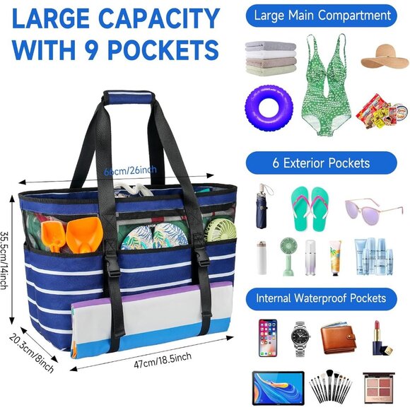 Women's Blue+Stripe with Front Buckles Beach Tote Waterproof Sandproof Beach Bag - Picture 2 of 8